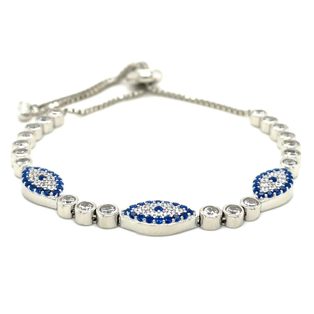 Sterling Silver Adjustable Evil Eye Bracelet with Cubic Zirconias